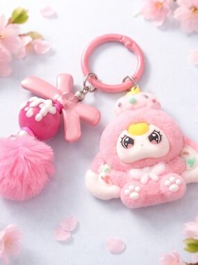 Source Unknown Pink Plush Character Key & Card Holder with Pom Pom Charm